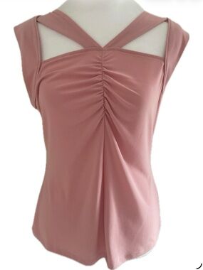 **Halogen Pink Sleeveless Ruched Front Tank with Cutout Neckline